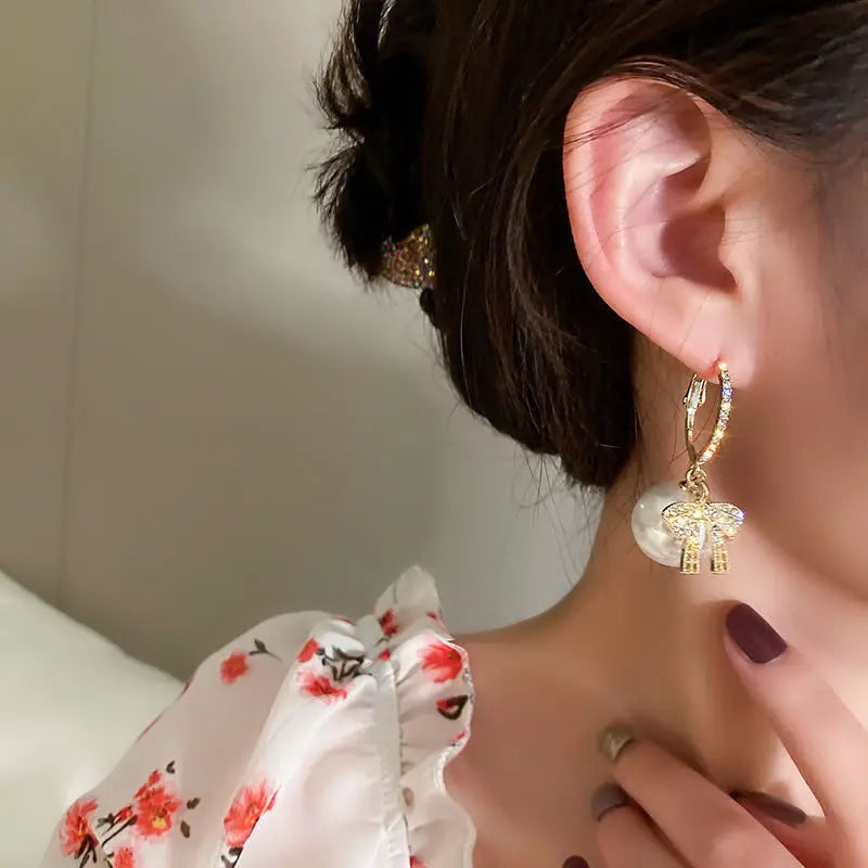 Gold Zircon Bowknot Stud Earrings with Red Pearl Flower