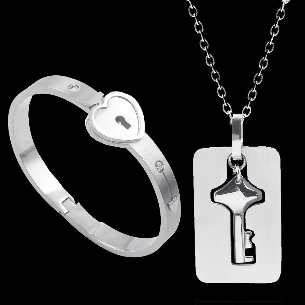 Couple Heart Lock & Key Necklace Bracelet Set – Stainless Steel Love Pendant Choker