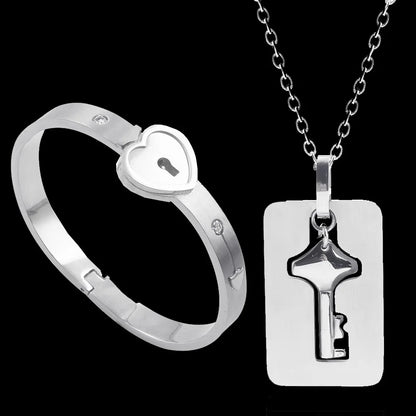 Couple Heart Lock & Key Necklace Bracelet Set – Stainless Steel Love Pendant Choker