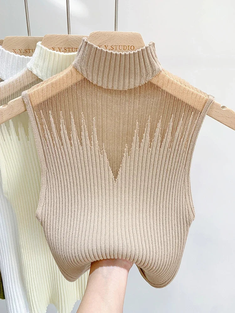 Gilet en tricot à col roulé sans manches pour femmes