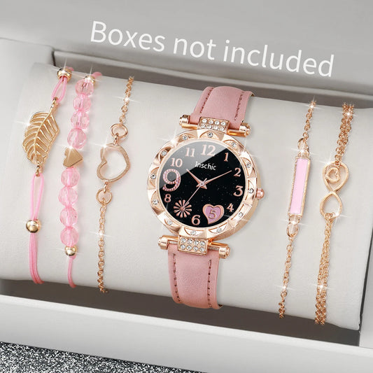 6PCS Women Watch & Bracelet Set – Leather Band Rhinestone Heart Dial Quartz Wrist Watch