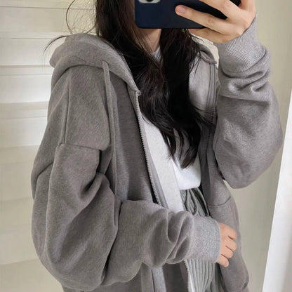 Korean Women Hoodies Long Sleeve Zip Up Pocket Sweatshirts