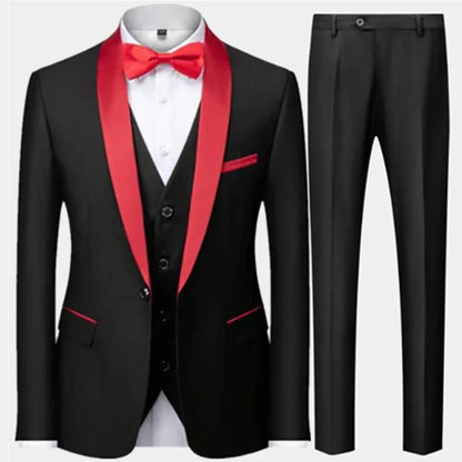 3 Pieces Set Men's Business Blazers Coat - Slim Fit Color Matching Collar Suit Jacket Pants Vest