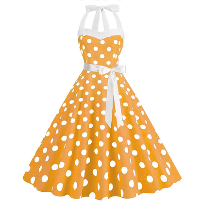 Women Sundress  Lace-up Backless Polka Dot Pleated Midi Dress