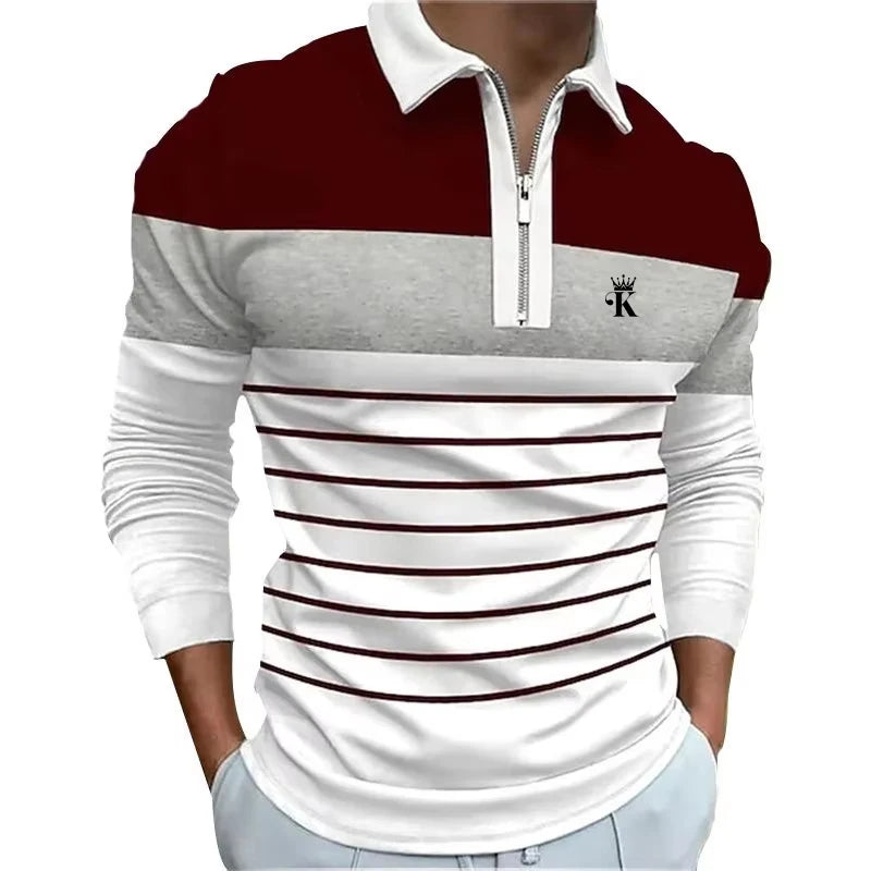 Men's Long Sleeve Stripe Golf Zipper Polo Shirt