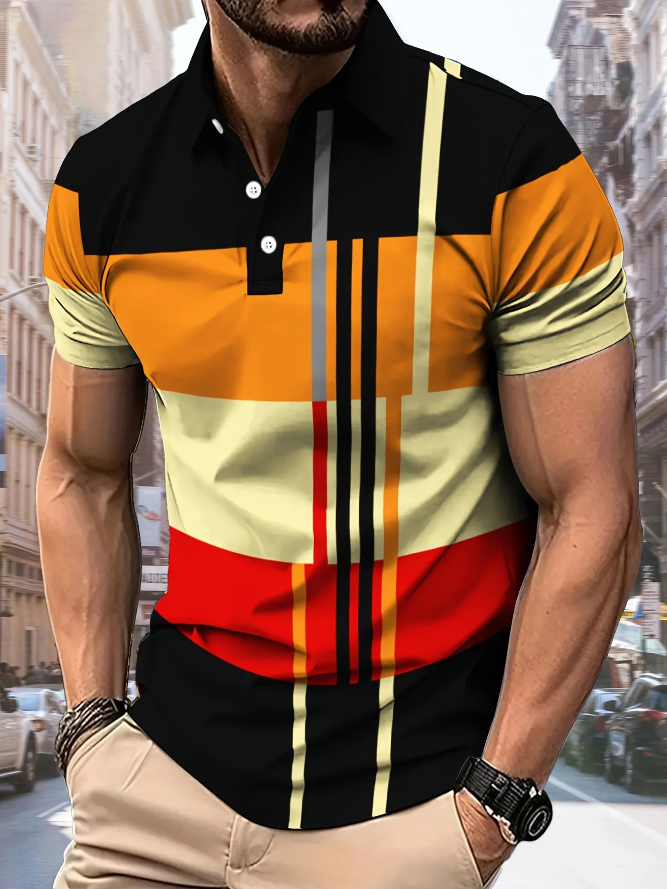 Men's Comfortable 3D Striped Printed Polo Shirt