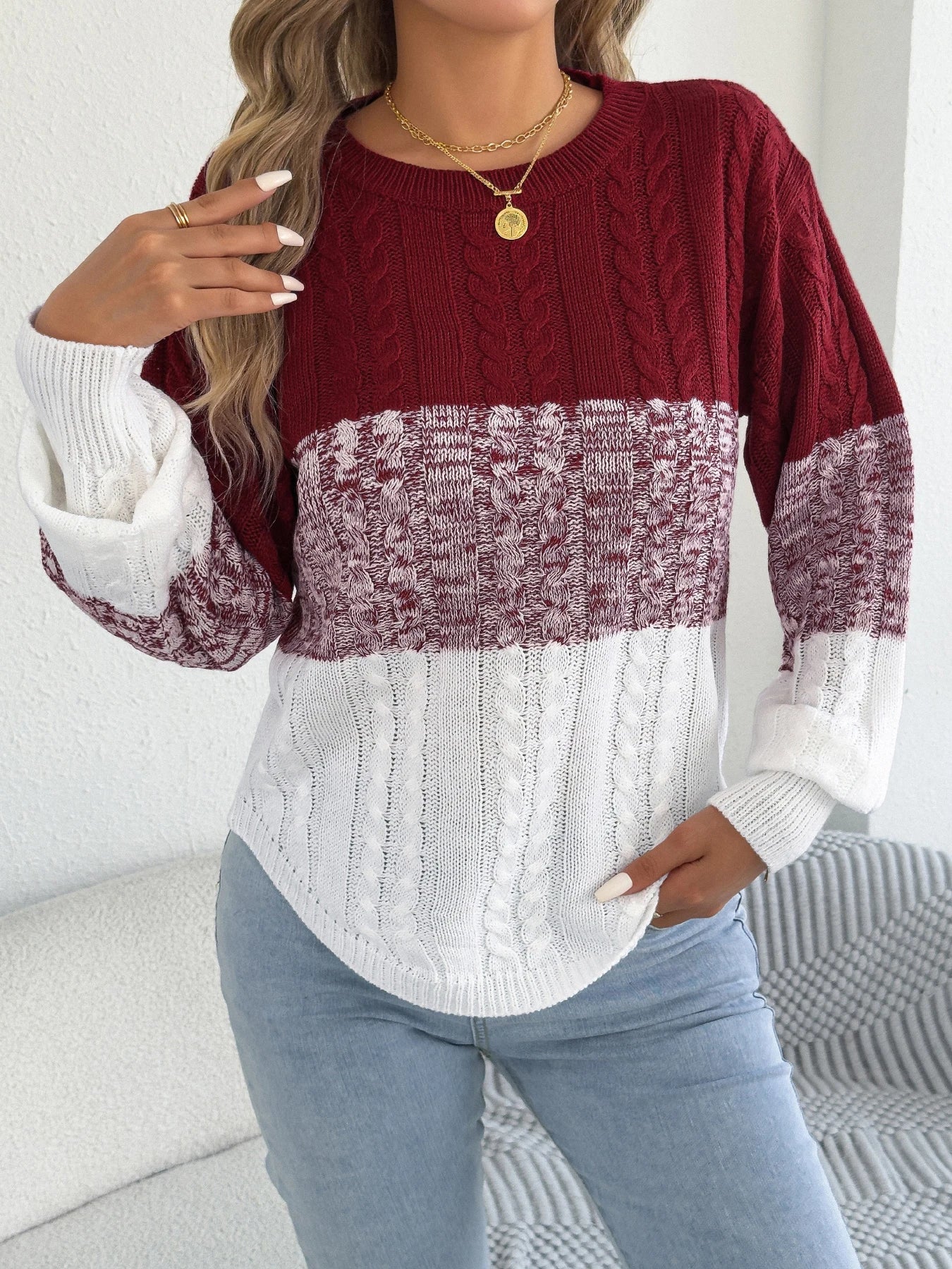 Damen-Pullover mit Farbblockstreifen – Rundhalsausschnitt, Laternenärmel, Strickoberteil