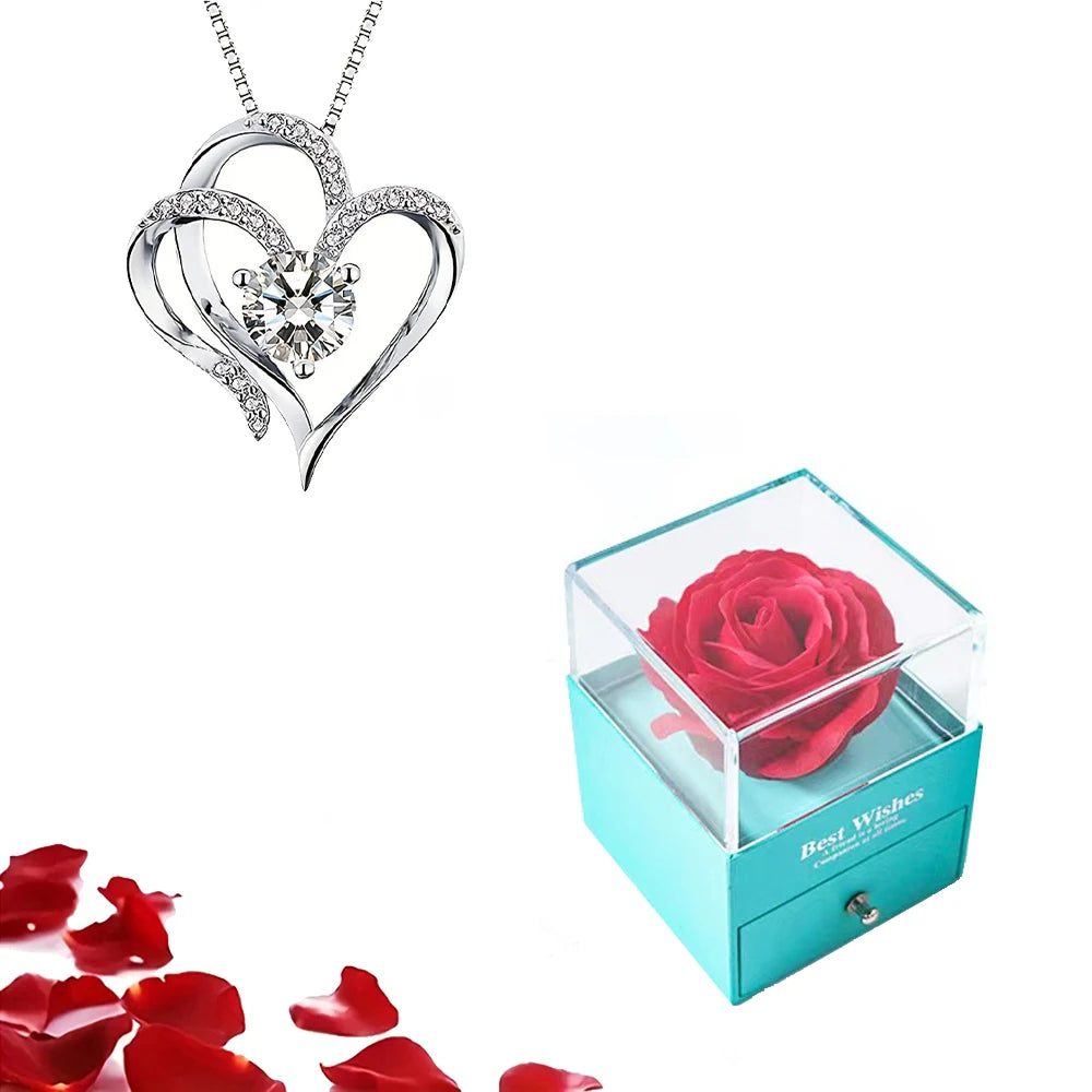 Valentinstag Geschenk Luxus rote Herz Halskette mit Rose Geschenkbox