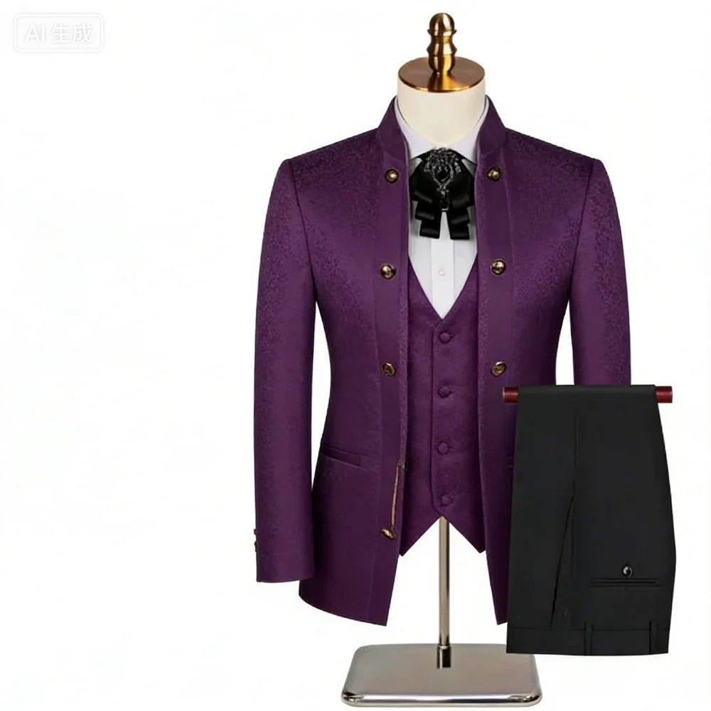 Double Breasted Jacquard Men's 3-Piece Suit Set