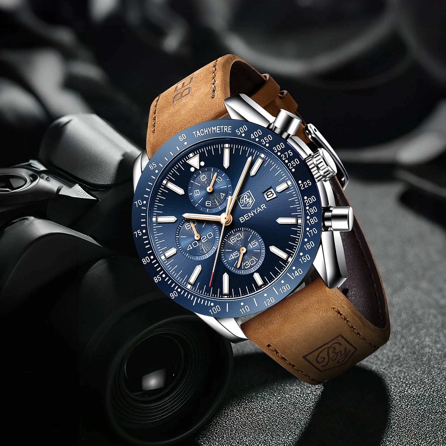 Montre chronographe à quartz pour homme – Montre-bracelet analogique étanche avec bracelet en cuir