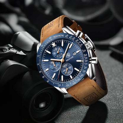Montre chronographe à quartz pour homme – Montre-bracelet analogique étanche avec bracelet en cuir