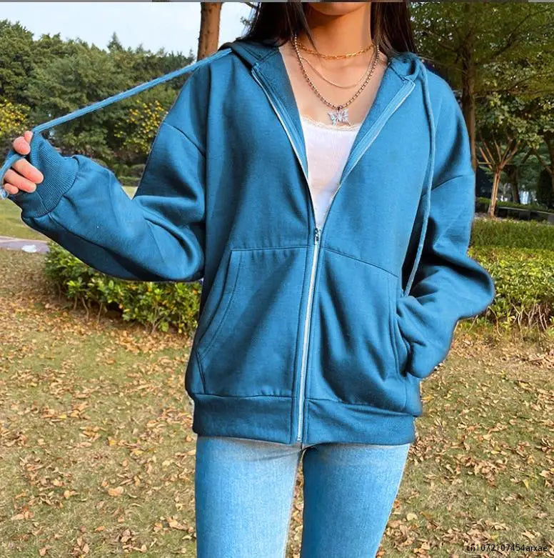 Gray Long Sleeves Zip-Up Hoodie for Women