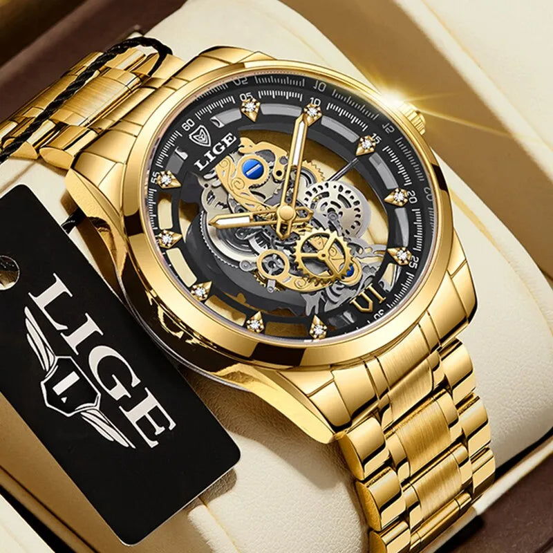 mens wristwatch, gold skeleton, skeleton mens watch, men wrist watch, watch skeleton, mens timepiece, wrist watch, gold men watches