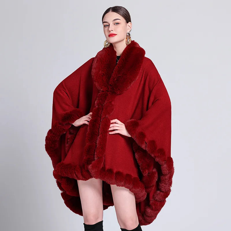 Women's Winter Plaid Hooded Fur Collar Shawl