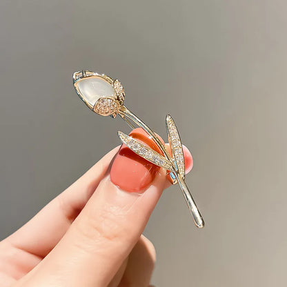 Golden Tulip Flower Pearl Brooch for Women – CZ Rhinestone Crystal Metal Pin