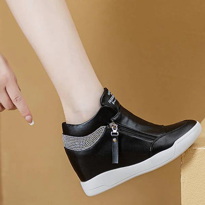 High Top Side Zip White Platform Wedge Sneakers with Hidden Heel