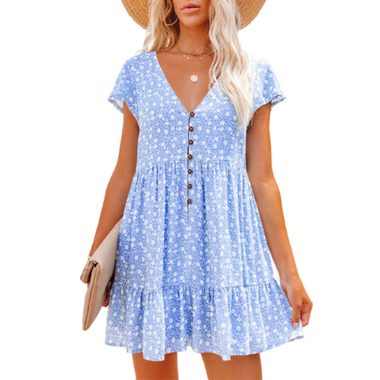 Women's Summer V-Neck Floral A-Line Midi Dress