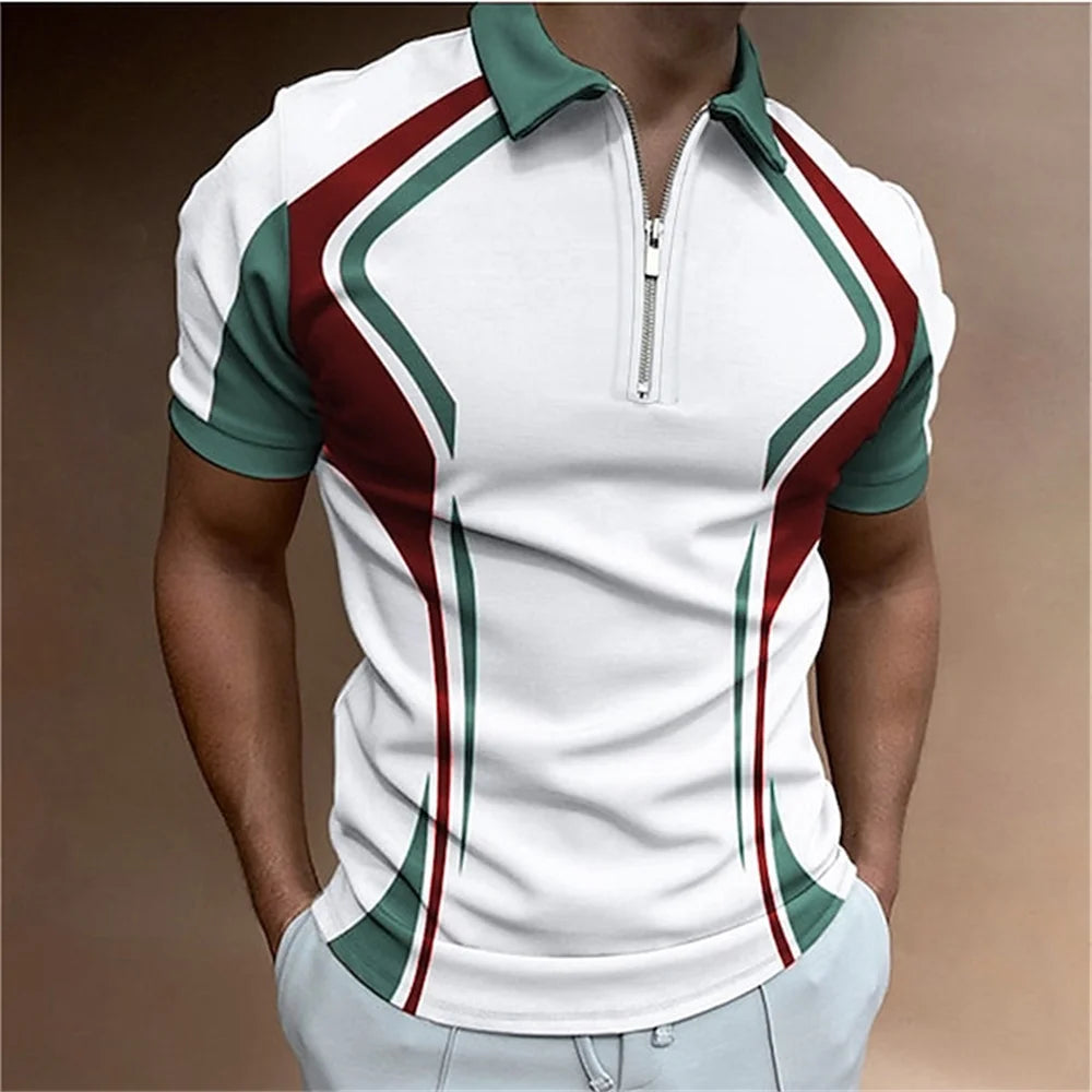 Men Zipper Striped Turn Down Collar Shirt
