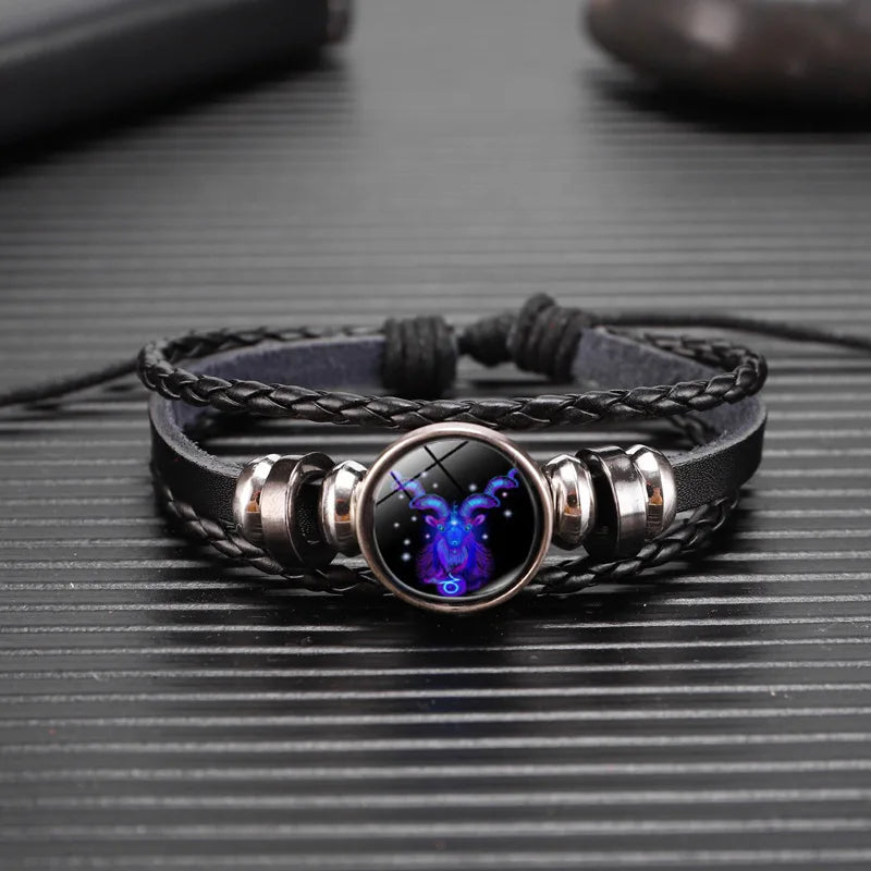 Unisex-Armband mit den 12 Sternzeichen – Leuchtendes, mehrlagiges Lederarmband mit Anhängern