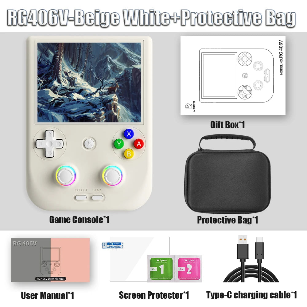 RG406V Handheld Game Console 4’’ IPS Touch Screen Android 13 Unisoc T820 64-bit Game Player 5500mAh RGB lighting