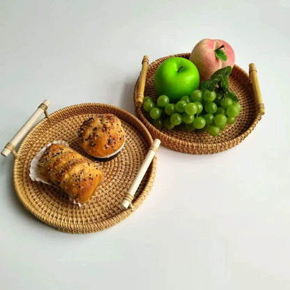 Handwoven Rattan Wicker Basket Tray – Eco-Friendly Food Serving & Storage Basket with Handles