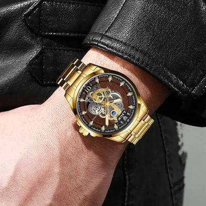 Montre-bracelet rétro squelette doré pour homme