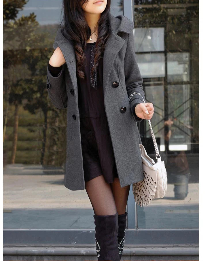 Damen-Wintermantel aus Wollmischung – Mittellange, zweireihige Kapuzenjacke