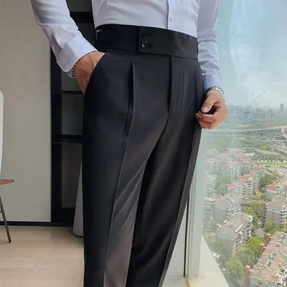 Men’s Classic Slim Fit Office Trousers - High Waist Vintage Pants