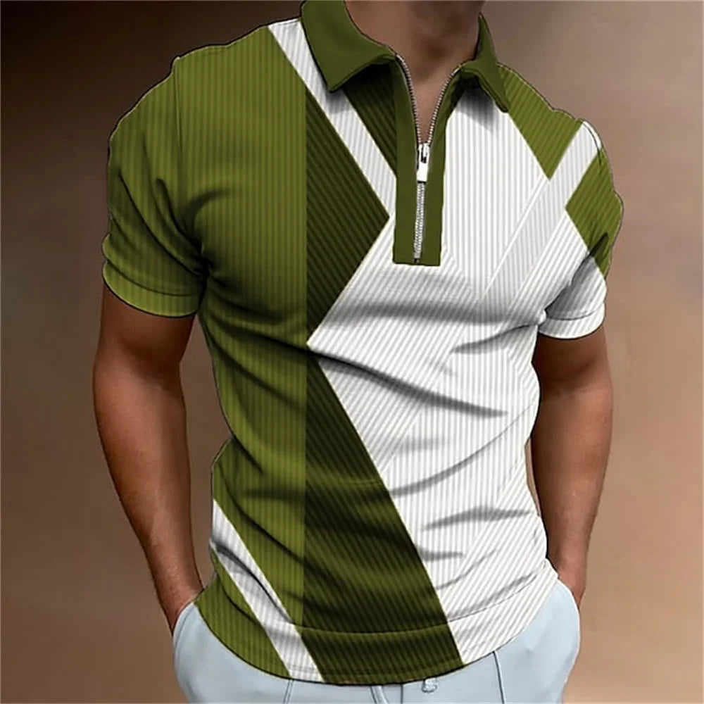 Men Zipper Striped Turn Down Collar Shirt