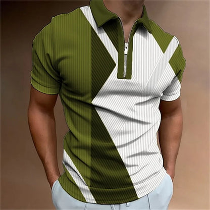 Men Zipper Striped Turn Down Collar Shirt