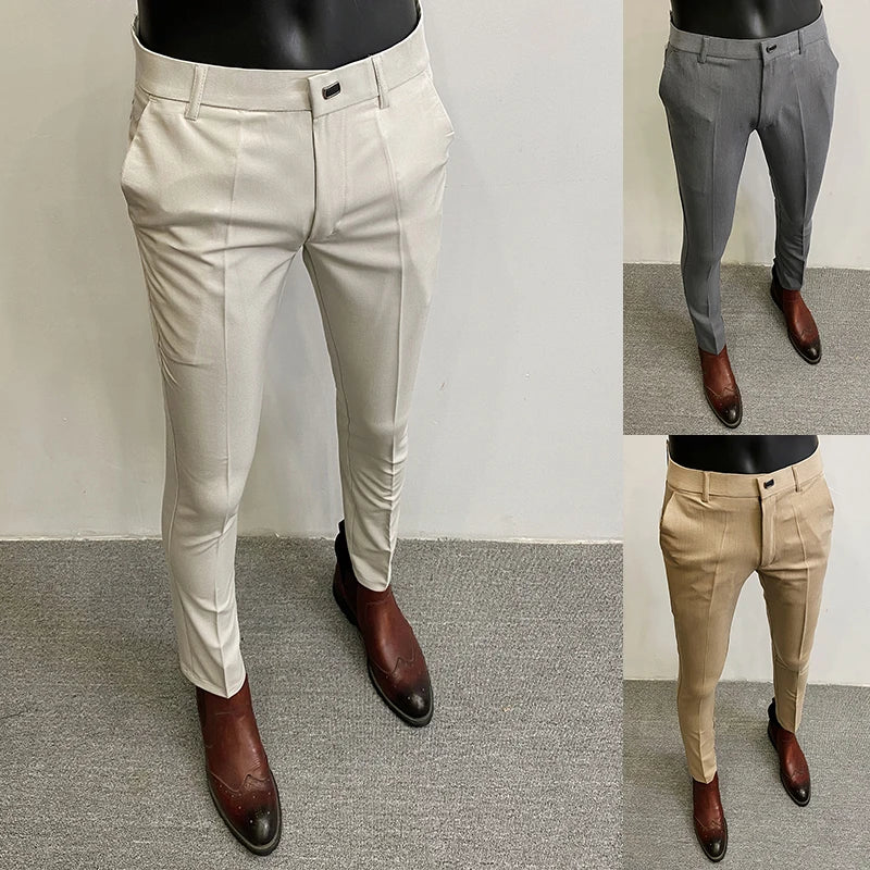 Men’s Slim Stretch Suit Pants - Autumn Formal Stripe Trousers