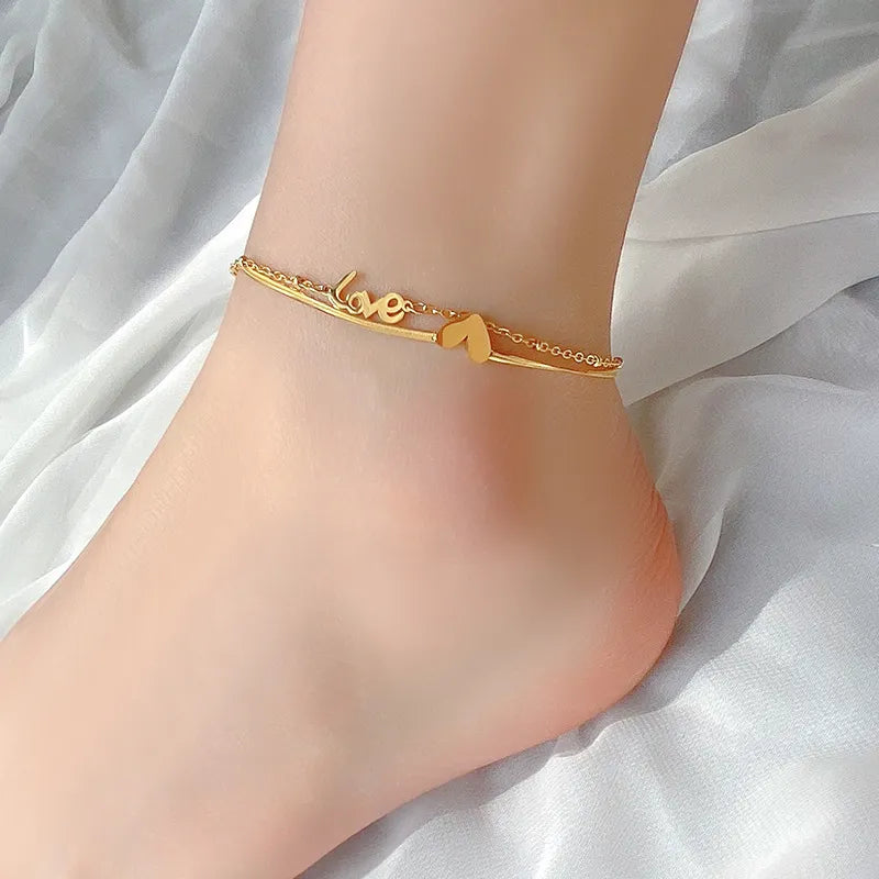 Gold Color Double Layer Heart Love Letter Anklet