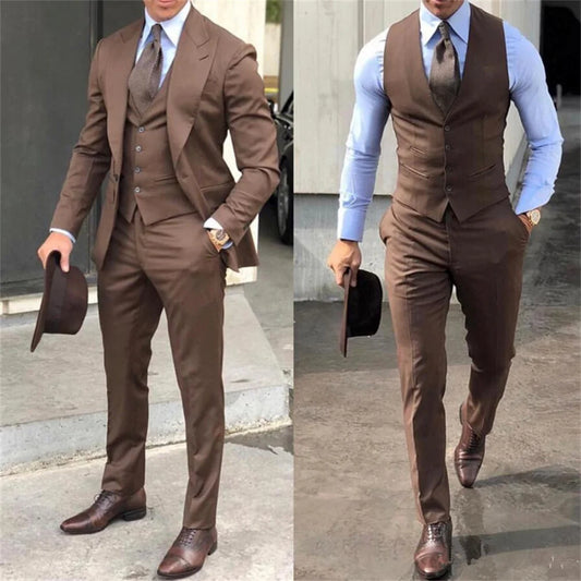 Men's Brown Three-Piece Slim Fit Suit - Jacket  Vest Pants