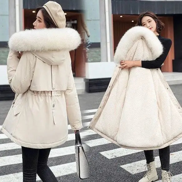 Langer Damenparka – Dicker Samt-Wintermantel