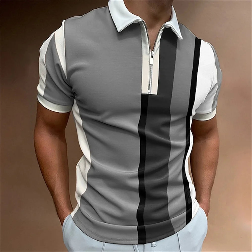 Men Zipper Striped Turn Down Collar Shirt