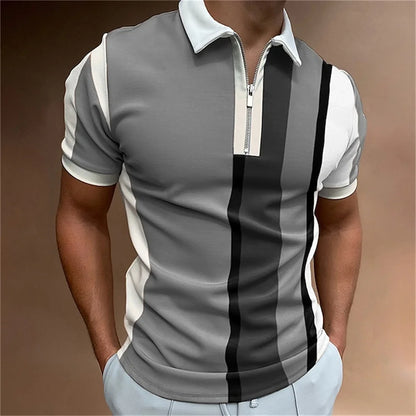 Men Zipper Striped Turn Down Collar Shirt