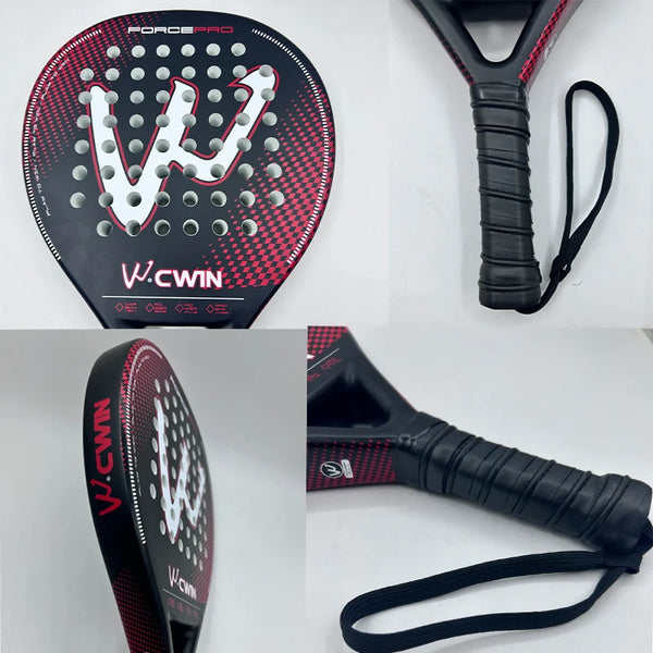 Close-up of the paddle tennis racket surface and carbon fiber grip.