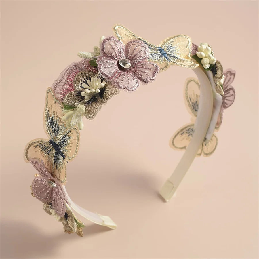 Serre-têtes faits main pour fille, avec perles, plumes, papillons et fleurs