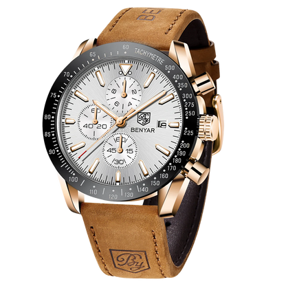 Montre chronographe à quartz pour homme – Montre-bracelet analogique étanche avec bracelet en cuir