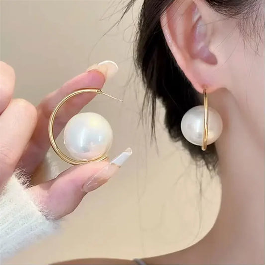 Women's Big Pearl C-Shaped Hoop Earrings