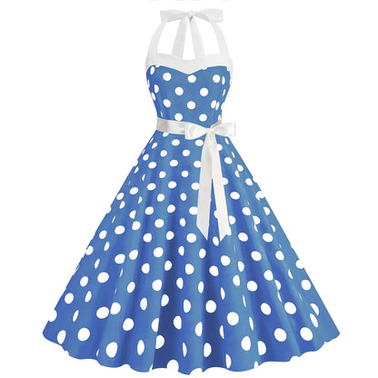 Women Sundress  Lace-up Backless Polka Dot Pleated Midi Dress