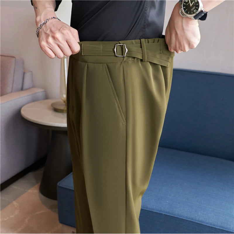 Men's High Waist Slim Belt Design Trousers