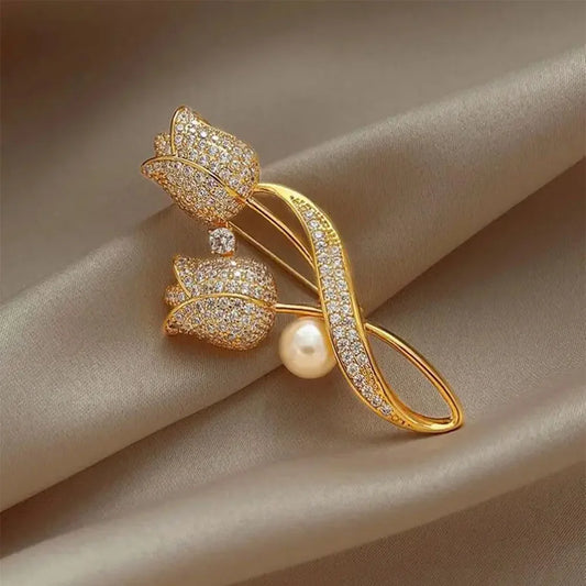 Golden Tulip Flower Pearl Brooch for Women – CZ Rhinestone Crystal Metal Pin