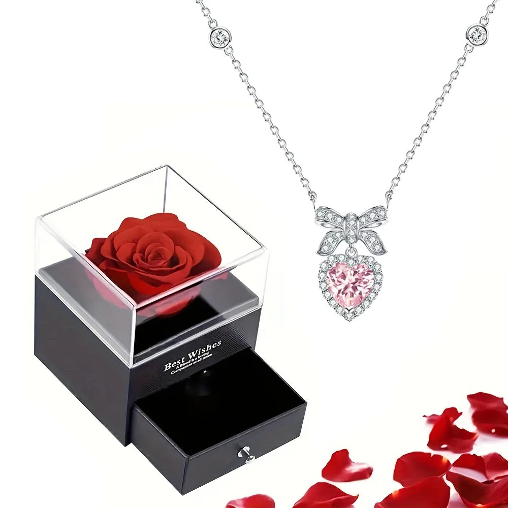 Valentinstag Geschenk Luxus rote Herz Halskette mit Rose Geschenkbox