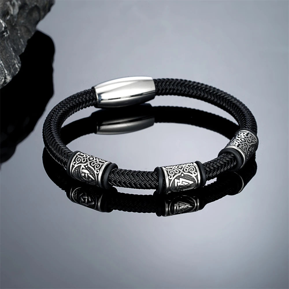 Men’s Viking Rune Stainless Steel Bracelet – Norse Futhark Runes Bangle Wire Rope Cuff