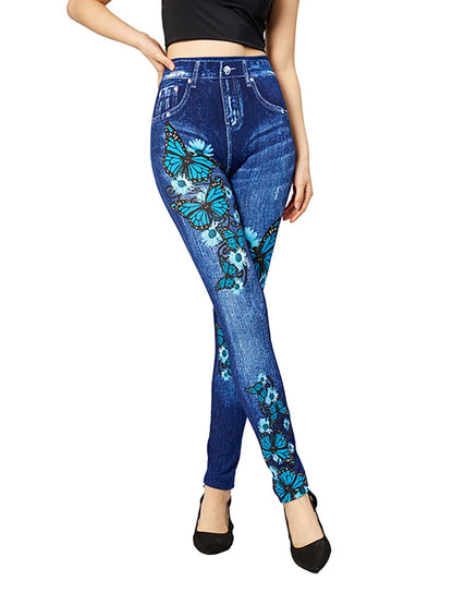 Women's Gym Leggins High Waist Elastic Butterfly Pritned Pencil Jeans