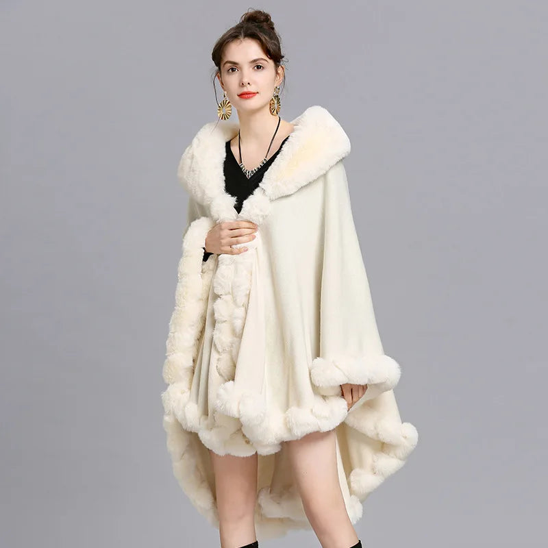 Women's Winter Plaid Hooded Fur Collar Shawl