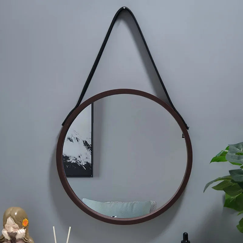 Miroir de courtoisie rond mural sans perforation avec bordure en bois