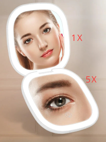 Miroir de maquillage compact pliable grossissant à LED 5X/10X