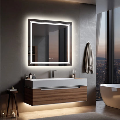 Miroir de salle de bain carré éclairé à LED LUVODI avec lumière antibuée et à intensité variable